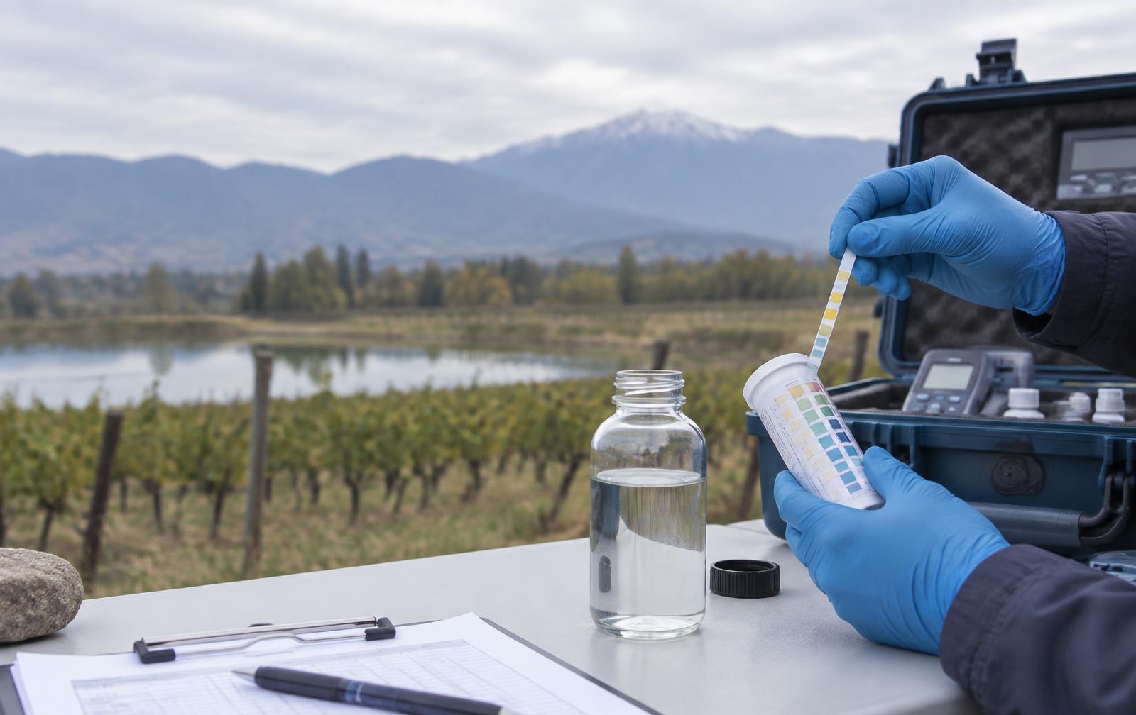 Medición de una muestra de agua con tiras reactivas en terreno